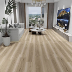 Essentials Water-Resistant Light Brown Laminate Floor Floating Floor Celestial 9″ ESS11M-321 Room