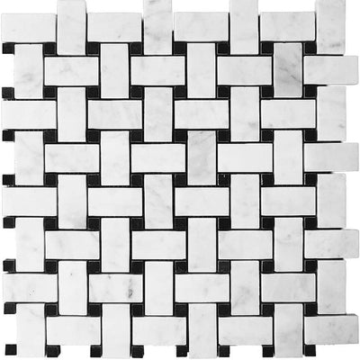 Basketweave Tiles Marble White Carrara Honed with Jet Black Dots Accent Vintage Tile