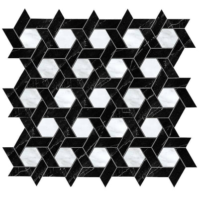 Artistic Tile Honed Marble Mosaic Carrara White Hexagon Black Lattice Pattern Vintage Tile