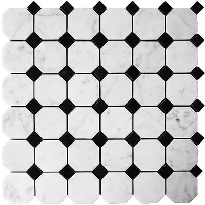 Artistic Tile  Marble Carrara White Mosaic Octagon Field with Diamond Black Accents