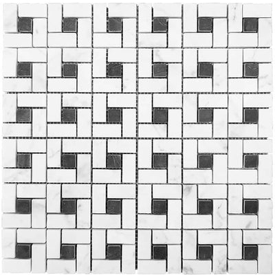 Artistic Tile Honed Marble White Carrara Spiral Pattern Tiles with Jet Black Dots