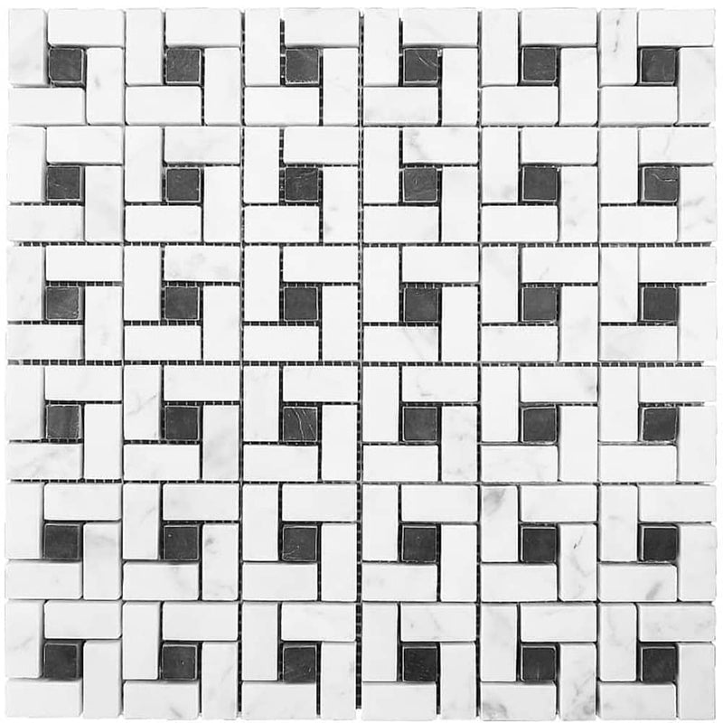 Artistic Tile Honed Marble White Carrara Spiral Pattern Tiles with Jet Black Dots