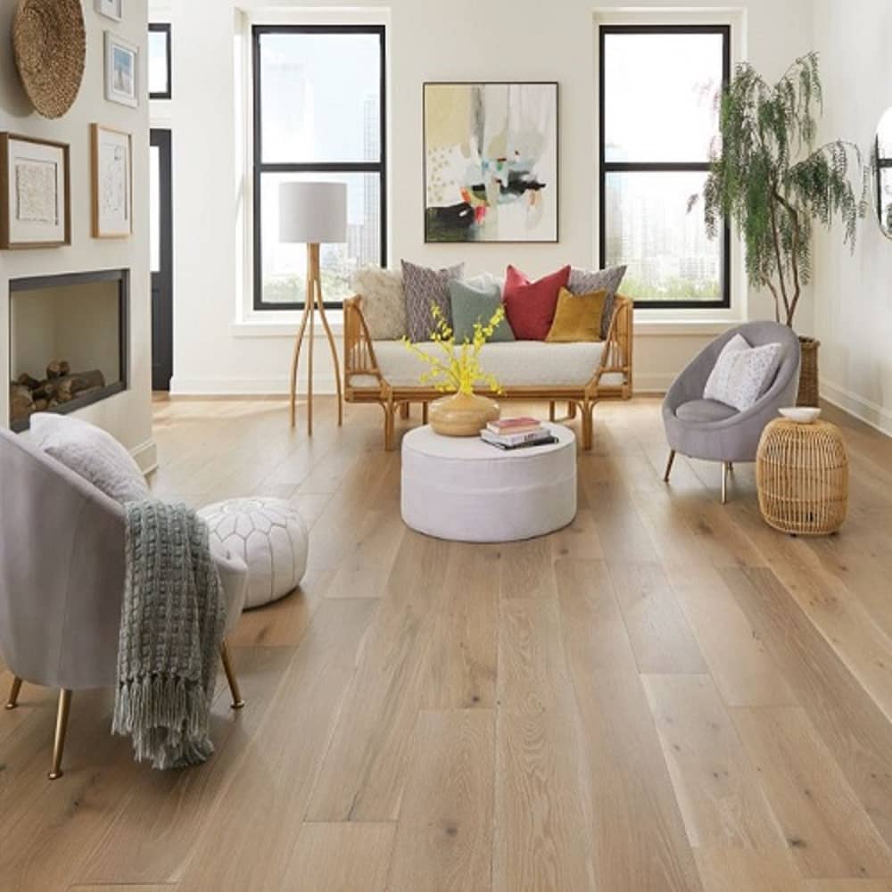 Mullican Stylish Engineered European White Oak Hardwood Floor Castillian Premier Coastal Fog Room