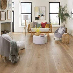 Mullican Stylish Engineered European White Oak Hardwood Floor Castillian Premier Coastal Fog Room