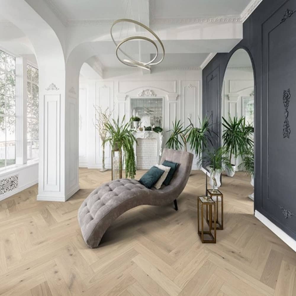 Mullican Stylish Engineered European White Oak Hardwood Floor Castillian Premier Herringbone Monroe Bisque