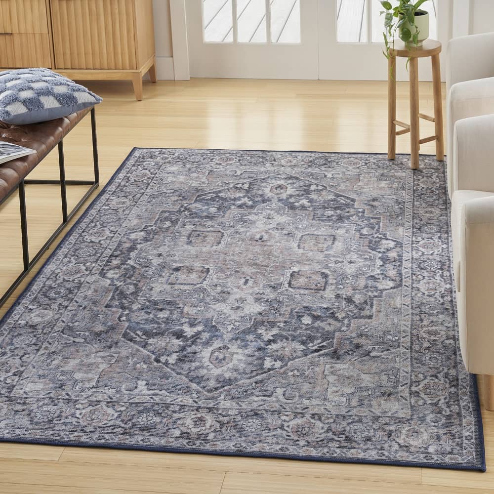 Nicole Curtis Vintage Persian Rectangle Area Rug Machine Washable Ivory Navy SR101 Made In Turkey