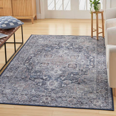 Nicole Curtis Vintage Persian Rectangle Area Rug Machine Washable Ivory Navy SR101 Made In Turkey