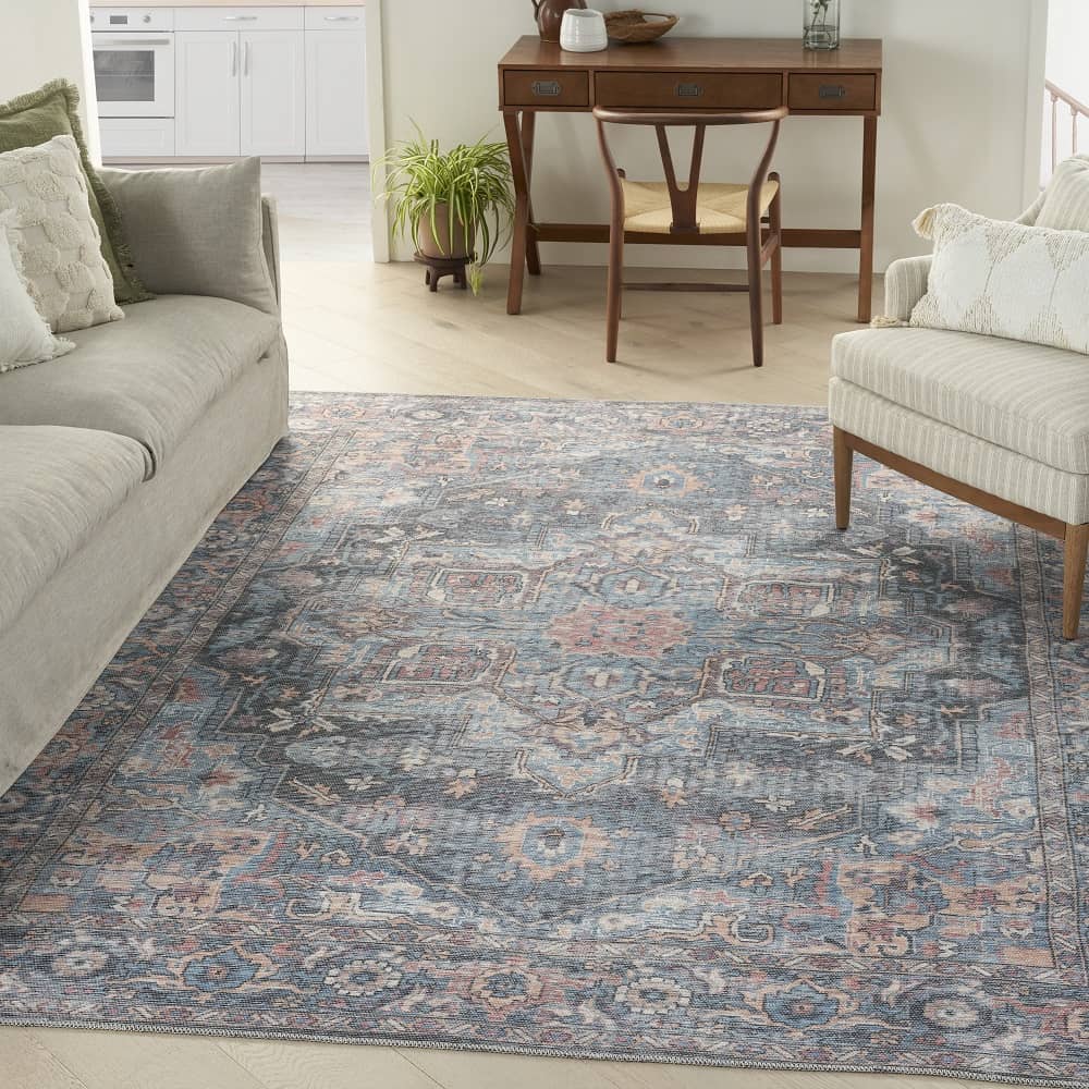 Nicole Curtis Vintage Persian Rectangle Area Rug Machine Washable Light Blue Multicolor SR101 Made In Turkey