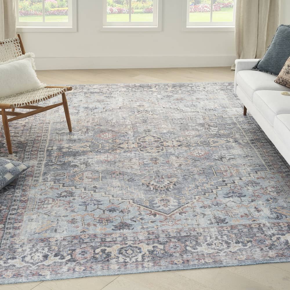 Nicole Curtis Vintage Persian Rectangle Area Rug Machine Washable Light Grey Blue SR104 Made In Turkey