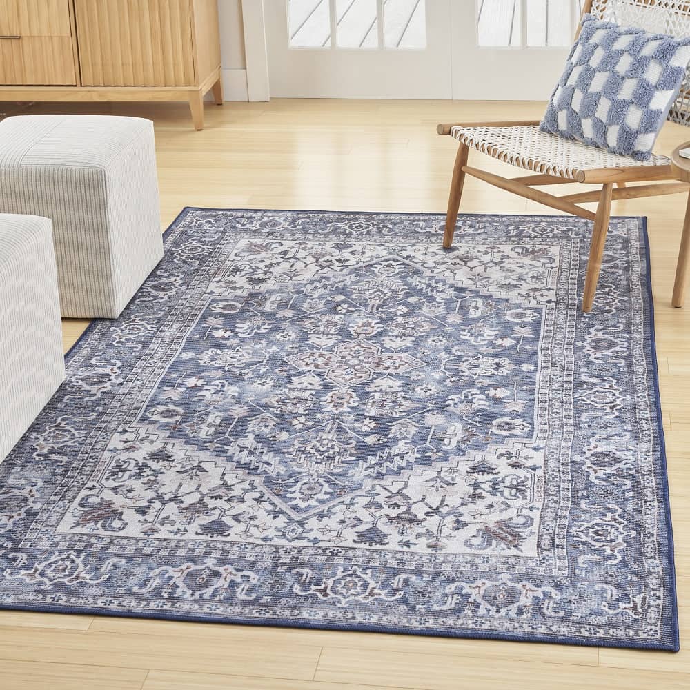Nicole Curtis Vintage Persian Rectangle Area Rug Machine Washable Navy Ivory SR104 Made In Turkey