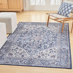 Nicole Curtis Vintage Persian Rectangle Area Rug Machine Washable Navy Ivory SR104 Made In Turkey
