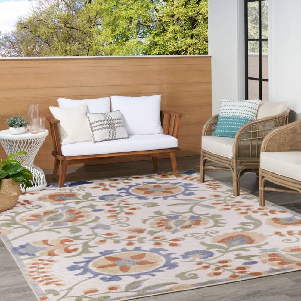 Nourison Contemporary Floral Rectangle Area Rug Aloha Ivory Blue Made In Turkey