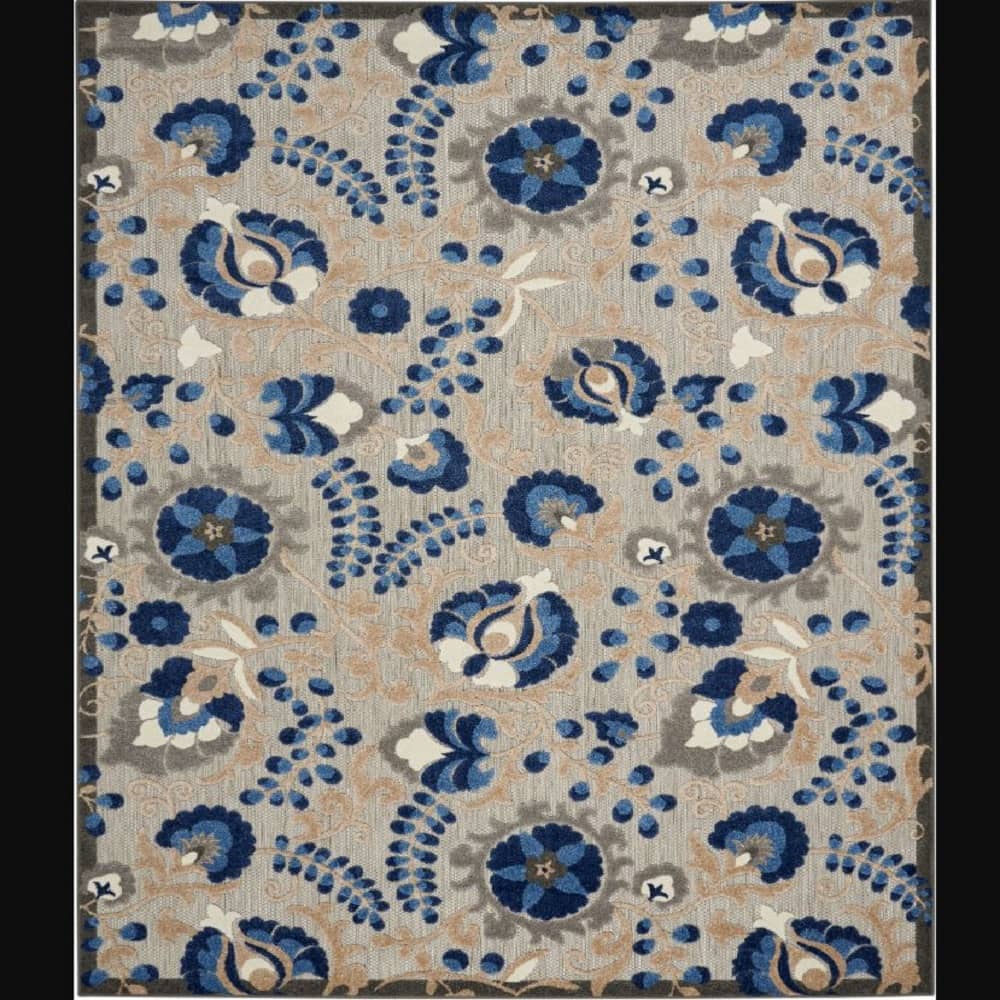 Nourison Contemporary Floral Rectangle Area Rug Aloha Natural Blue Made In Turkey