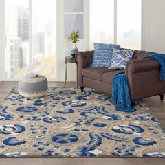 Nourison Contemporary Floral Rectangle Area Rug Aloha Natural Blue Made In Turkey