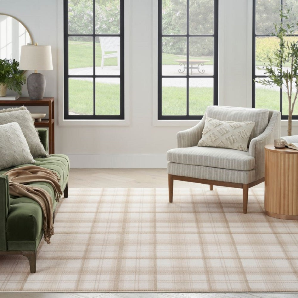 Nourison Rustic Plaid Rectangle Area Rug Grafix Ivory Beige GRF03 Made In Turkey